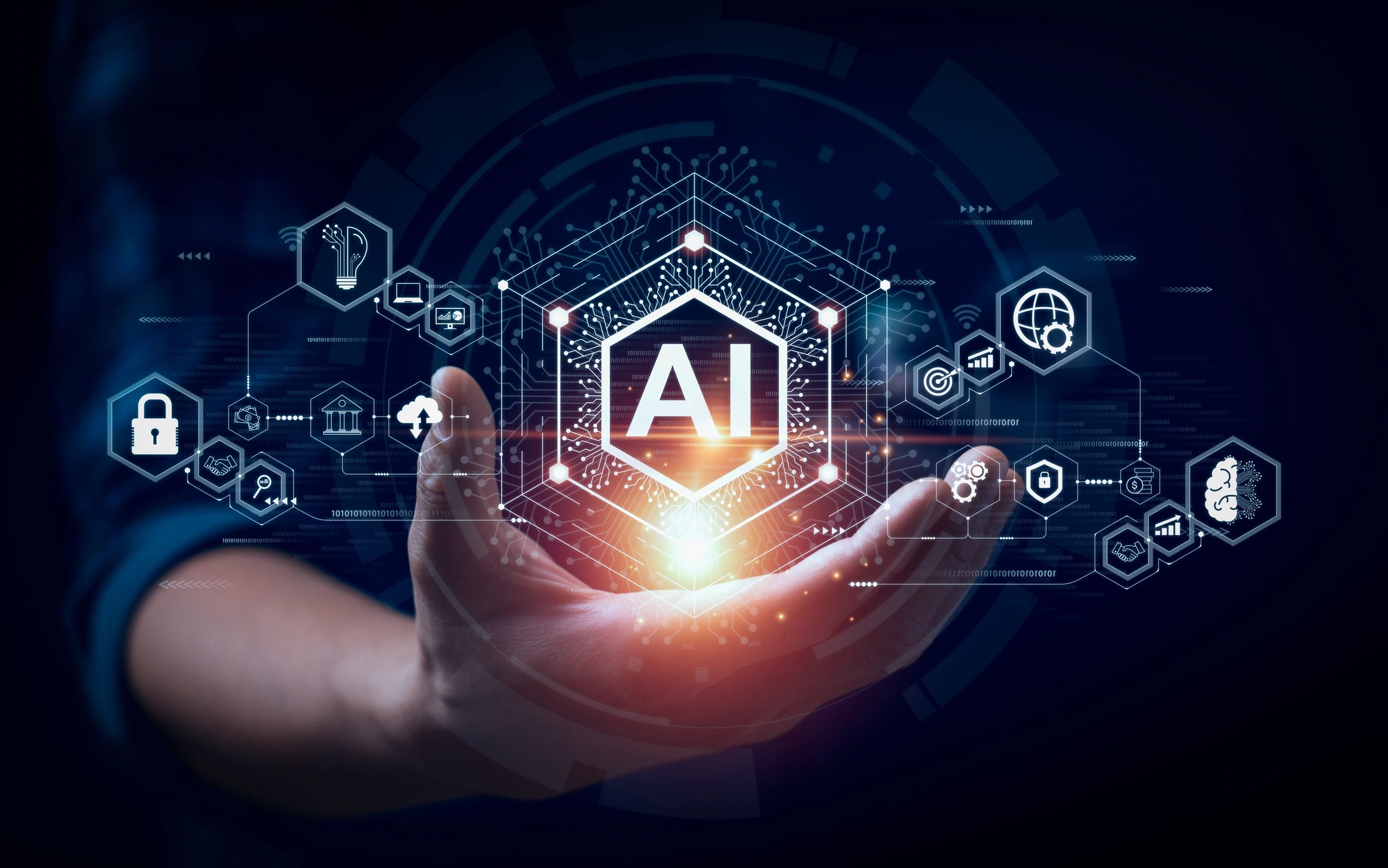 Businessman touching the brain working of Artificial Intelligence